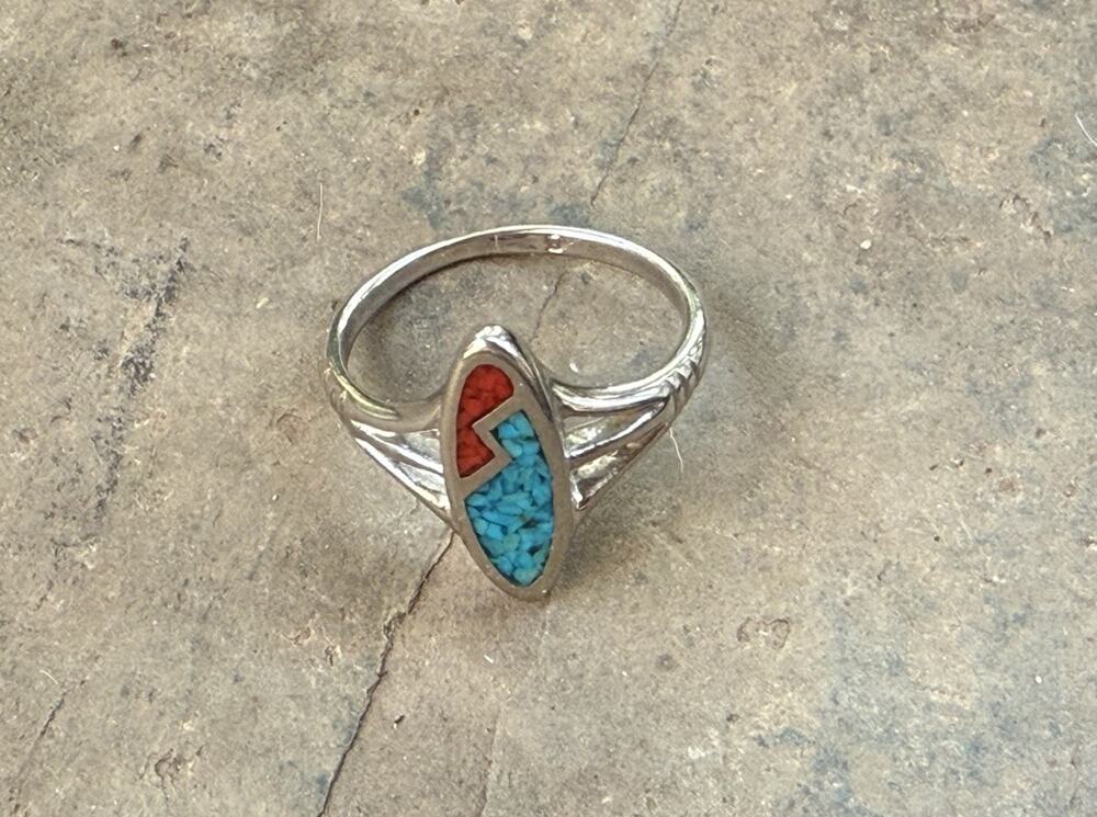 Vintage Sterling Silver Turquoise Coral Inlay Ring Southwestern Maricopa Sz 8.75